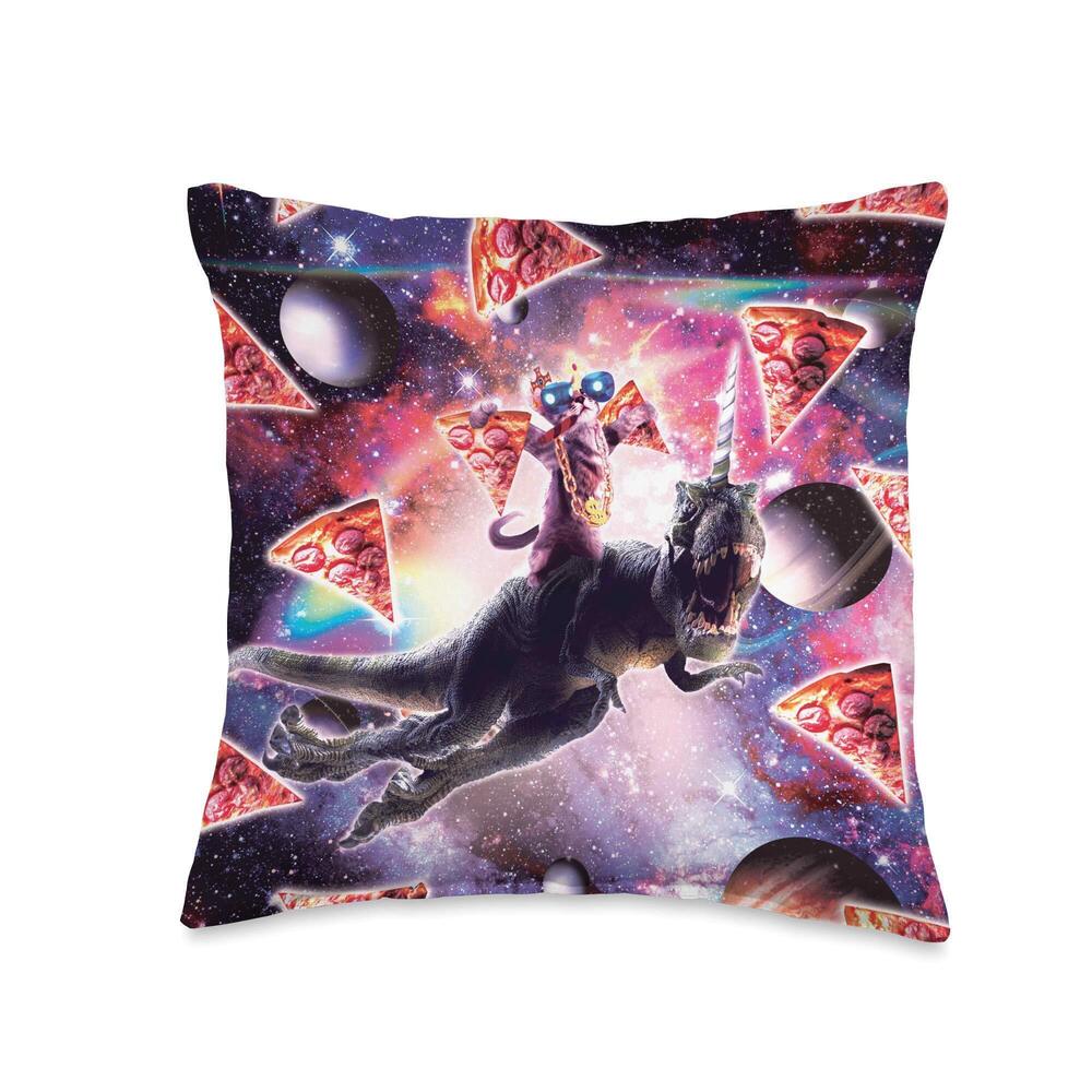 1344 Thug Space Cat On Dinosaur Unicorn - Pizza Throw Pillow